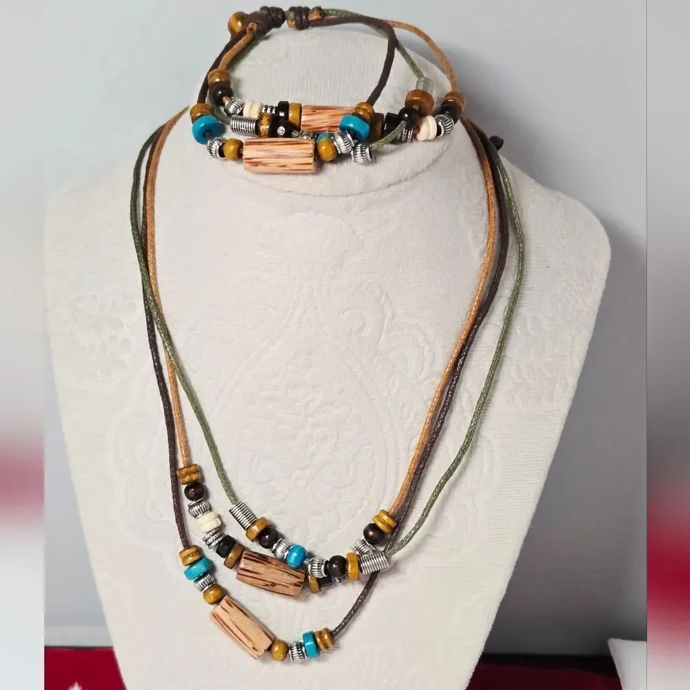 Bohemian Layered Wood Bead Necklace Bracelet Set Adjustable Faux Leather Unisex